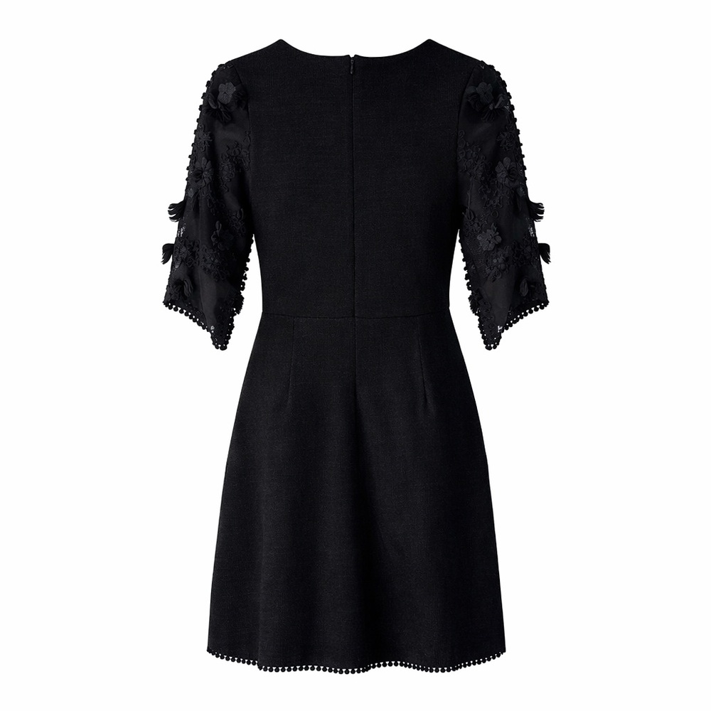 THML Black Textured Knit Dress – Sheer Floral Appliqué Sleeves – Size Small